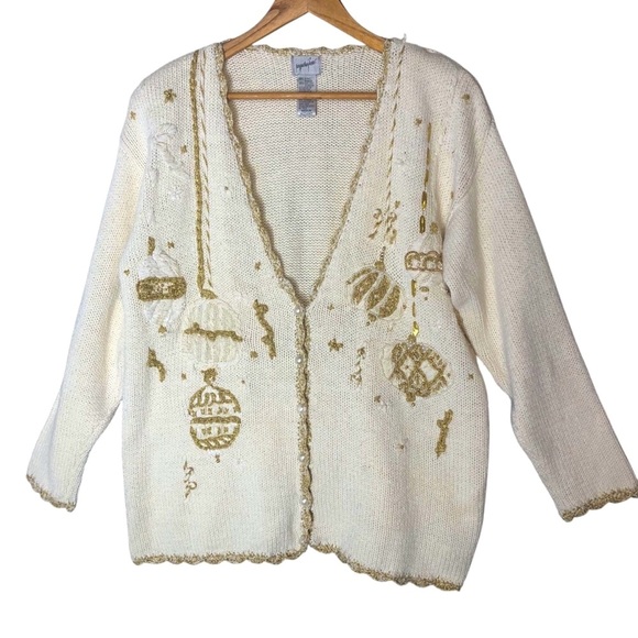 Vintage 90's Jacqueline Ferrar Sweater Cardigan Sz M Cream Gold Ornament Ramie - Picture 4 of 8
